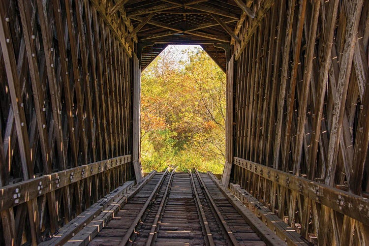USA, Vermont, Fall Foliage Seen Off Rt. 15, Wolcott, Fisher Covered Railroad Bridge (1908), Lamoille County