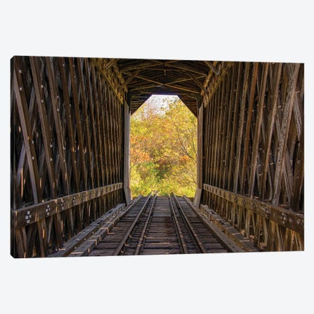USA, Vermont, Fall Foliage Seen Off Rt. 15, Wolcott, Fisher Covered Railroad Bridge (1908), Lamoille County Canvas Print #ALJ11} by Alison Jones Canvas Art