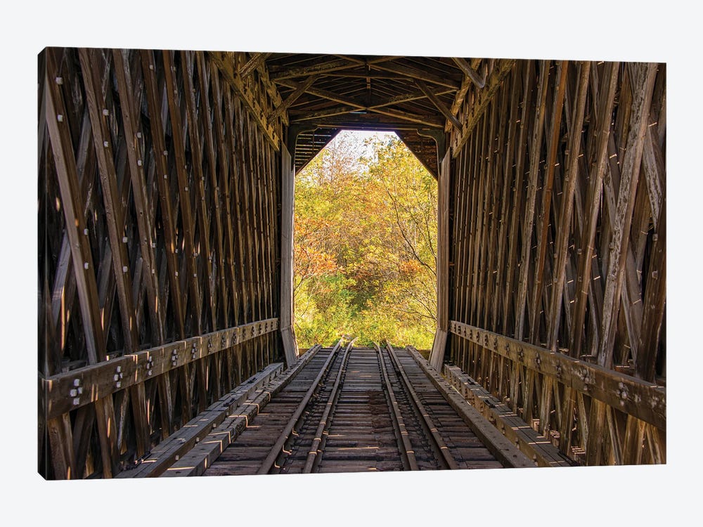USA, Vermont, Fall Foliage Seen Off Rt. 15, Wolcott, Fisher Covered Railroad Bridge (1908), Lamoille County by Alison Jones 1-piece Canvas Art Print