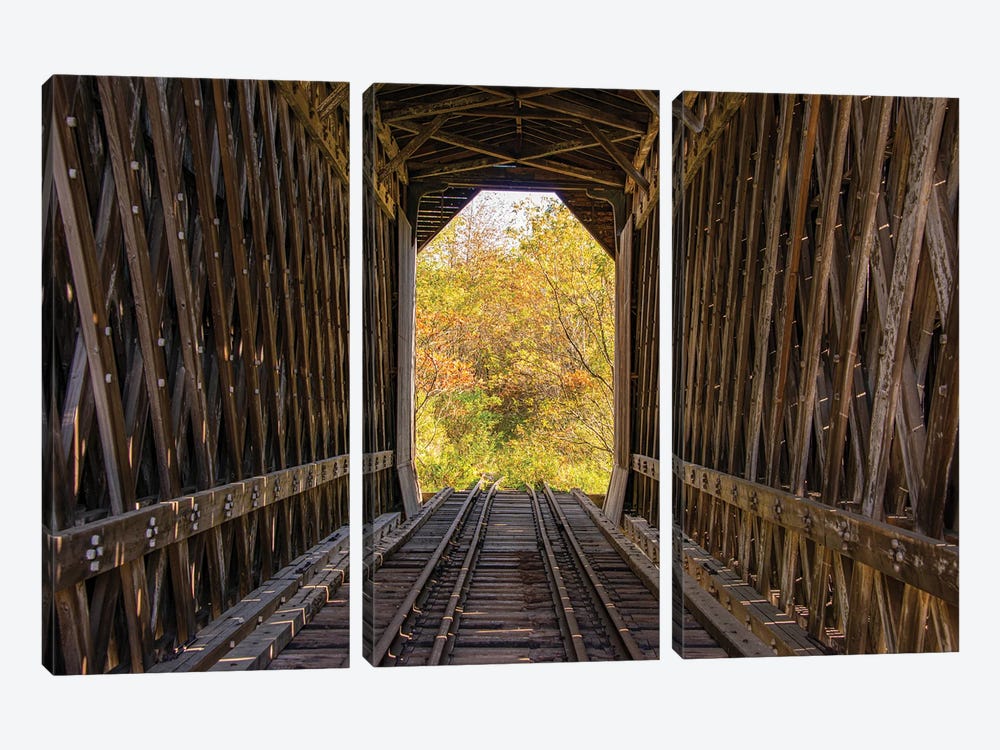 USA, Vermont, Fall Foliage Seen Off Rt. 15, Wolcott, Fisher Covered Railroad Bridge (1908), Lamoille County by Alison Jones 3-piece Art Print