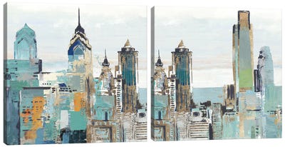 Teal City Diptych Canvas Art Print - New York City Skylines
