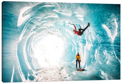 A Climber Inside A Crevasse Of Mer De Glace, Chamonix, Haute Savoie, France Canvas Art Print - Extreme Sports Art