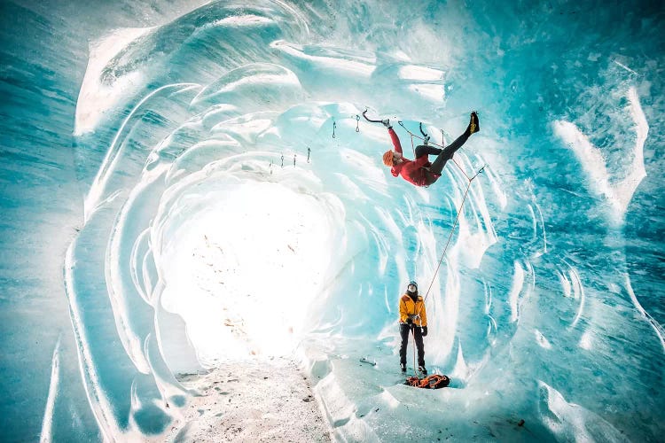 A Climber Inside A Crevasse Of Mer De Glace, Chamonix, Haute Savoie, France