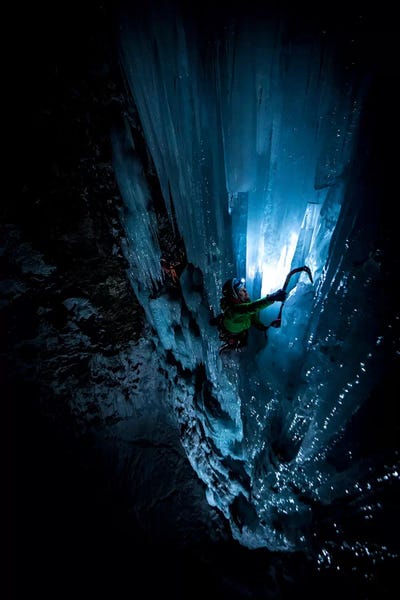 Alex Buisse: Night Climb, Lau Bij Frozen Waterfall, Cogne, Gran Paradiso, Aosta Valley Region, Italy by Alex Buisse