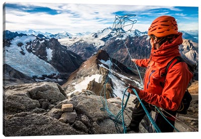 Abseil Preparation, Comesana-Fonrouge Route, Aguja Guillaumet, Patagonia, Argentina Canvas Art Print - Extreme Sports