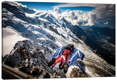 A Wingsuiter Base Jumps From Aiguille du Midi Toward Glacier des Bossons, Chamonix, France Canvas Art Print - Chamonix