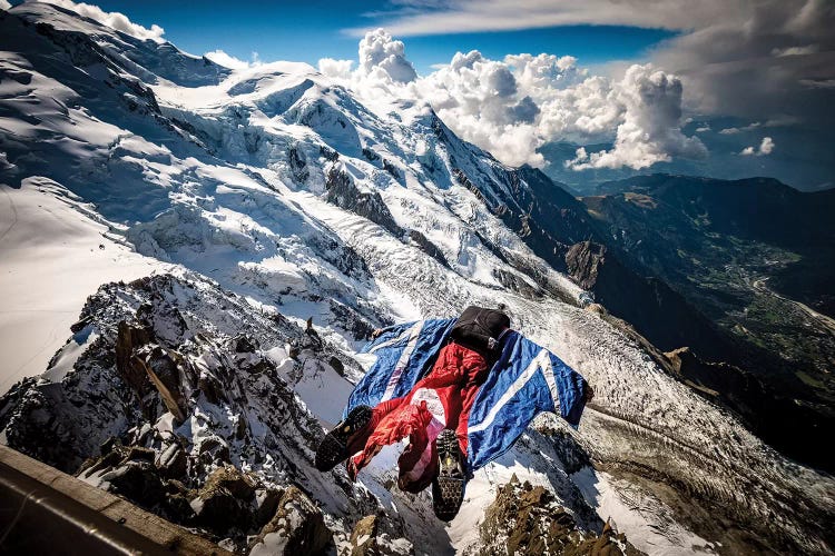 A Wingsuiter Base Jumps From Aiguille du Midi Toward Glacier des Bossons, Chamonix, France