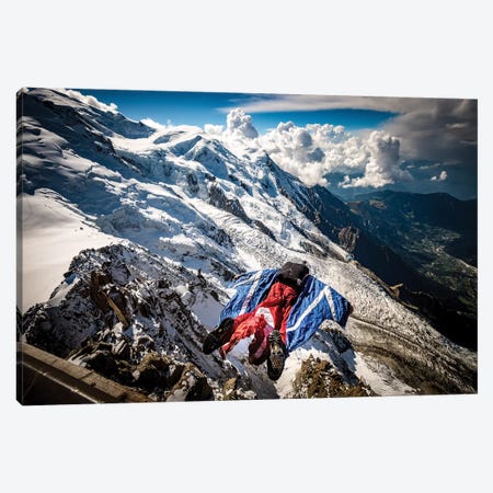 A Wingsuiter Base Jumps From Aiguille du Midi Toward Glacier des Bossons, Chamonix, France Canvas Print #ALX46} by Alex Buisse Canvas Wall Art