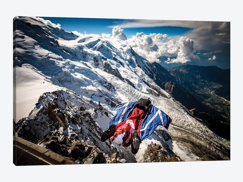 A Wingsuiter Base Jumps From Aiguille du Midi Toward Glacier des Bossons, Chamonix, France by Alex Buisse 1-piece Canvas Print