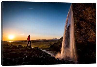 A Lone Figure In Front Of Seljalandfoss, Sudurland, Iceland, At Midnight Canvas Art Print - Fitness Fanatic