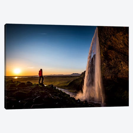 A Lone Figure In Front Of Seljalandfoss, Sudurland, Iceland, At Midnight Canvas Print #ALX4} by Alex Buisse Canvas Artwork