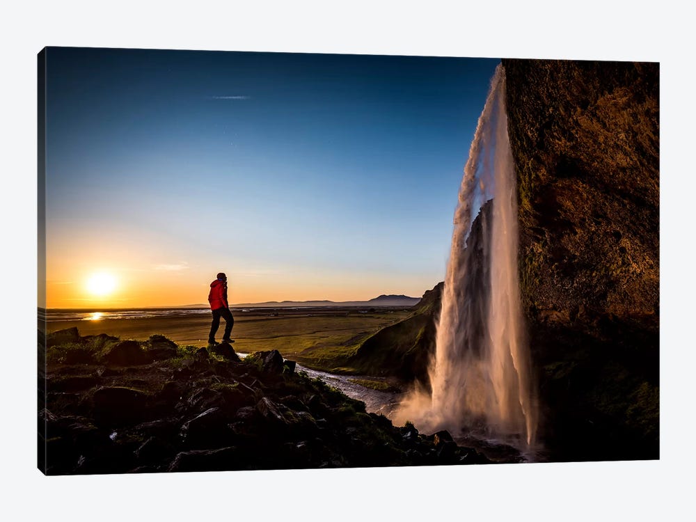 A Lone Figure In Front Of Seljalandfoss, Sudurland, Iceland, At Midnight by Alex Buisse 1-piece Art Print