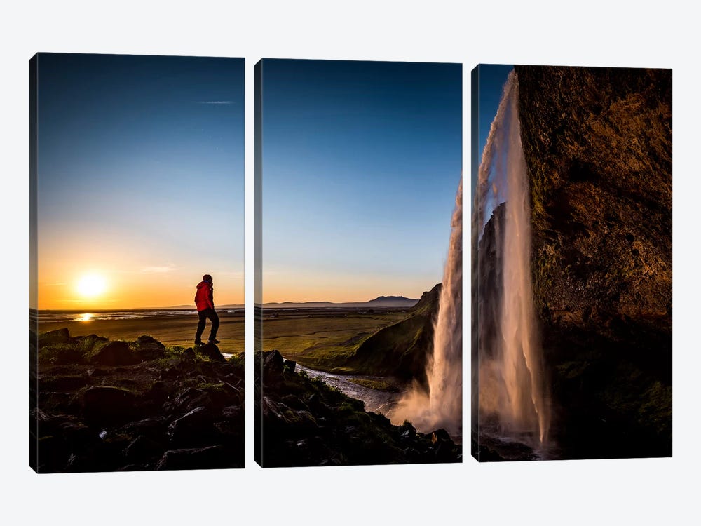 A Lone Figure In Front Of Seljalandfoss, Sudurland, Iceland, At Midnight by Alex Buisse 3-piece Art Print