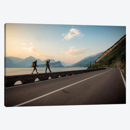 Two Climbers Walk Home Next To A Road And Lago di Gardo, Arco, Trentino, Italy Canvas Print #ALX50} by Alex Buisse Canvas Art