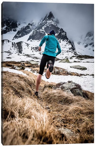 A Trail Runner In Plan de l'Aiguille, Chamonix, France Canvas Art Print - Extreme Sports