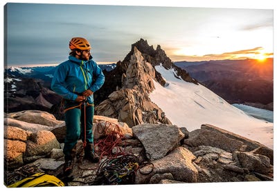 A Climber Prepares His Equipment On Aguja Guillaumet, Patagonia, Argentina Canvas Art Print - Determination Art