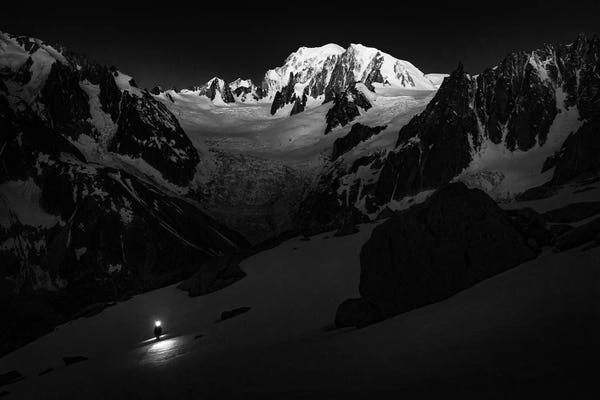 Alex Buisse: A Climber On Glacier du Moine, With Mont Blanc In The Background, Chamonix, France by Alex Buisse