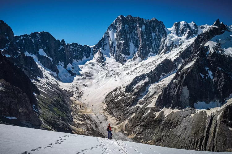 A Climber On Glacier du Moine, With Grandes Jorasses In The Background, Chamonix, France