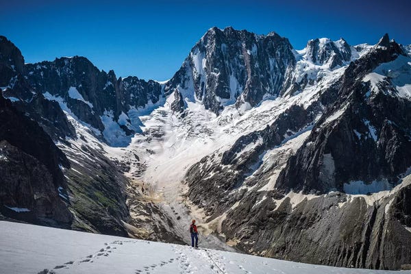 Alex Buisse: A Climber On Glacier du Moine, With Grandes Jorasses In The Background, Chamonix, France by Alex Buisse