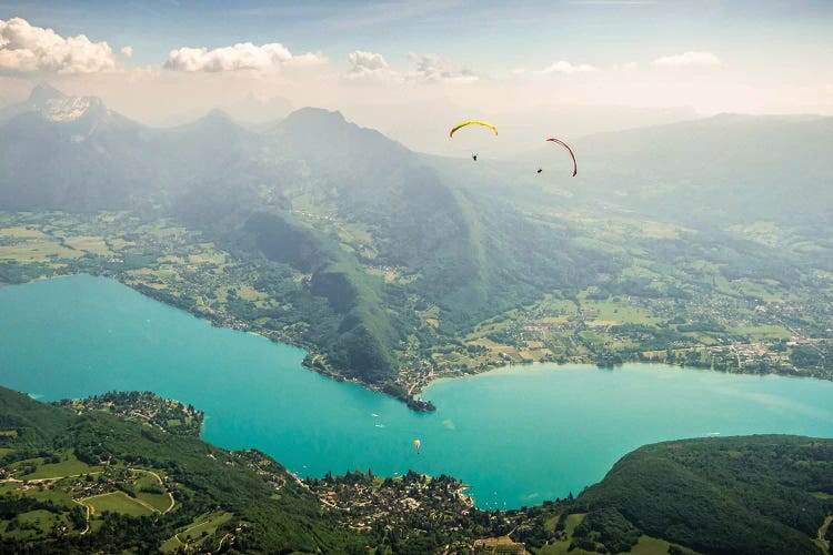 Two Paragliding Pilots Above The Annecy Lake, Haute Savoie, France