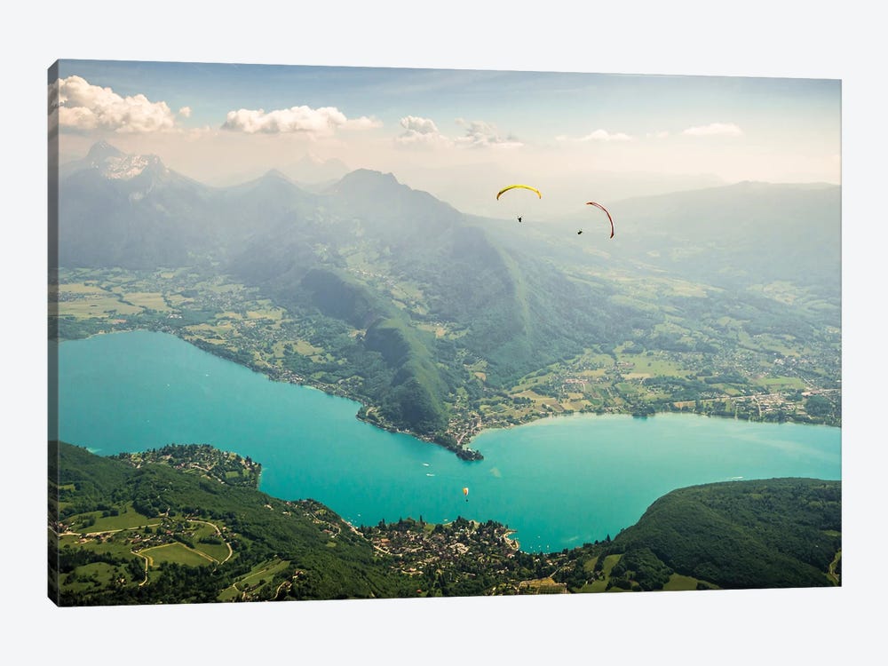Two Paragliding Pilots Above The Annecy Lake, Haute Savoie, France by Alex Buisse 1-piece Canvas Print