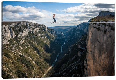 A Highliner In Verdon Gorges, Hundreds Of Meters Above The Ground, Paca, France Canvas Art Print - Cliff Art