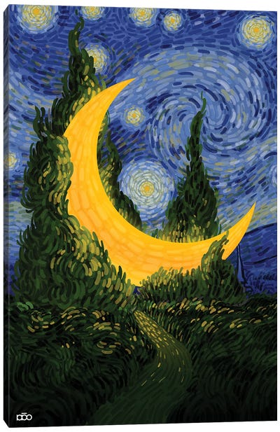 Moon And Cedar Canvas Art Print - Crescent Moon Art