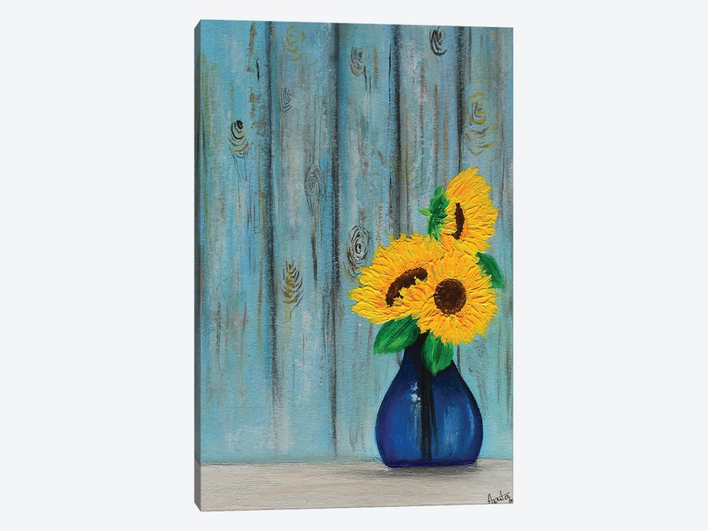 Sunflowers In Blue Vase by Amita Dand 1-piece Canvas Wall Art