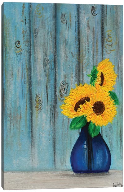 Sunflowers In Blue Vase Canvas Art Print - Amita Dand