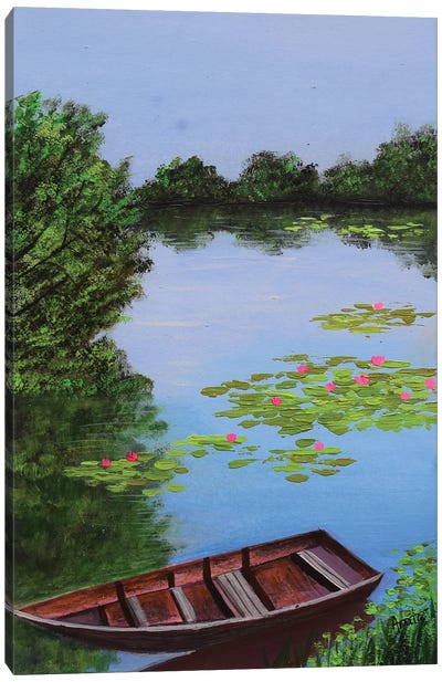 Boat Near The Pond Canvas Art Print - Rowboat Art