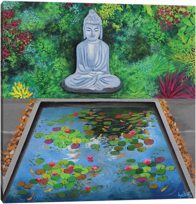 Buddha By The Pond Canvas Art Print - Amita Dand