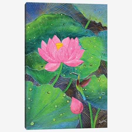 Pink Lotus With Hummingbird Canvas Print #AMT51} by Amita Dand Canvas Print