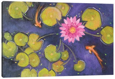 Purple Water Lily Canvas Art Print - Koi Fish Art