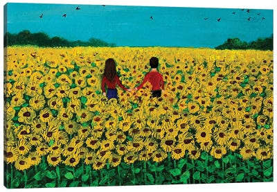 Couple In Sunflower Field Canvas Art Print - Yellow Art