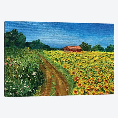 Hut In The Sunflower Field Canvas Print #AMT88} by Amita Dand Canvas Wall Art