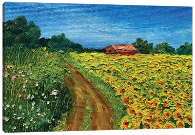Hut In The Sunflower Field Canvas Art Print - Amita Dand