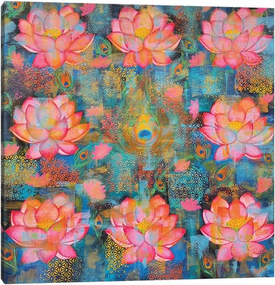 Lotus And Peacock Feathers Canvas Art Print - Amita Dand