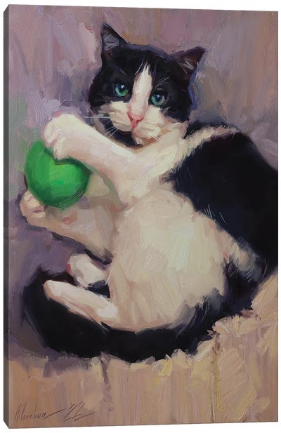 Cat With Ball Painting Canvas Art Print - Alex Movchun