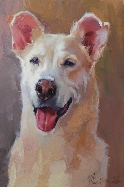 White Happy Dog Art by Alex Movchun framed wall art