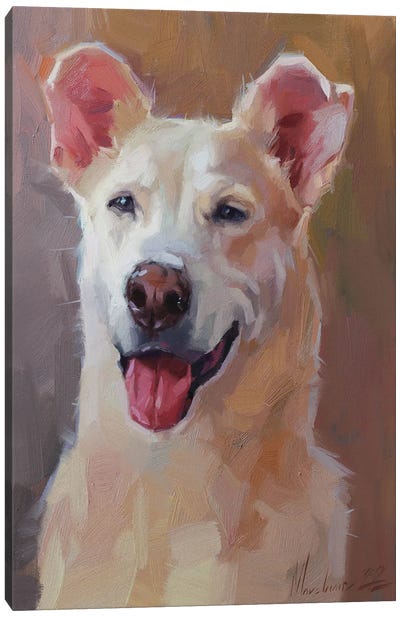 White Happy Dog Art Canvas Art Print - Alex Movchun