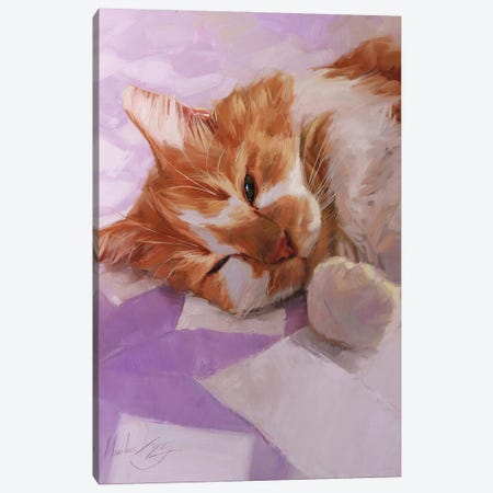 Sleepy Cat, White And Red Cat Canvas Print #AMV122} by Alex Movchun Canvas Art Print