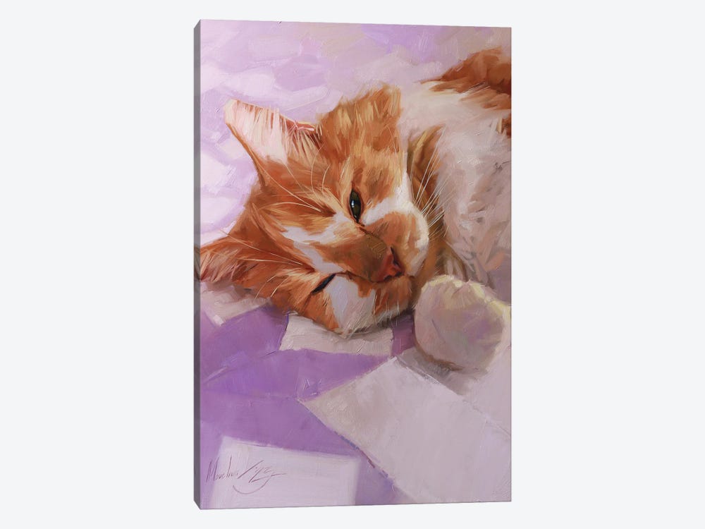 Sleepy Cat, White And Red Cat by Alex Movchun 1-piece Canvas Art