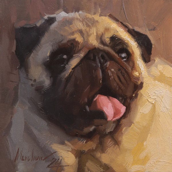 Pugs: Sunlit Pug Portrait In Oil With A Pink Tongue by Alex Movchun