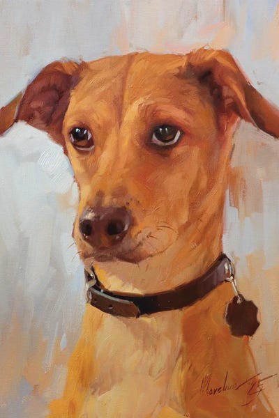 Fine Art Print: Mixed Breed Brown Dog Portrait Oil Painting by Alex Movchun