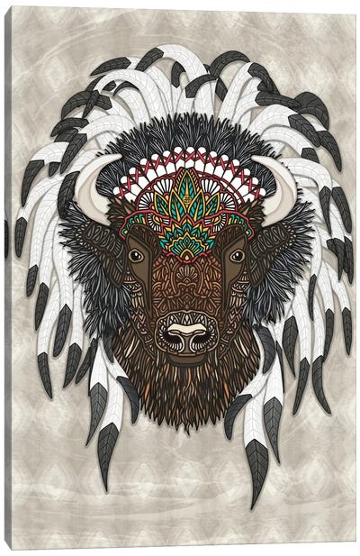 Native Bison Canvas Art Print - Green Art