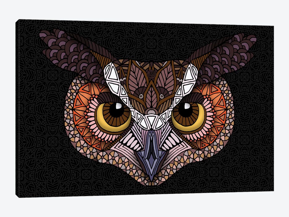 Great Horned Owl Head - Dark Horizontal by Angelika Parker 1-piece Canvas Artwork