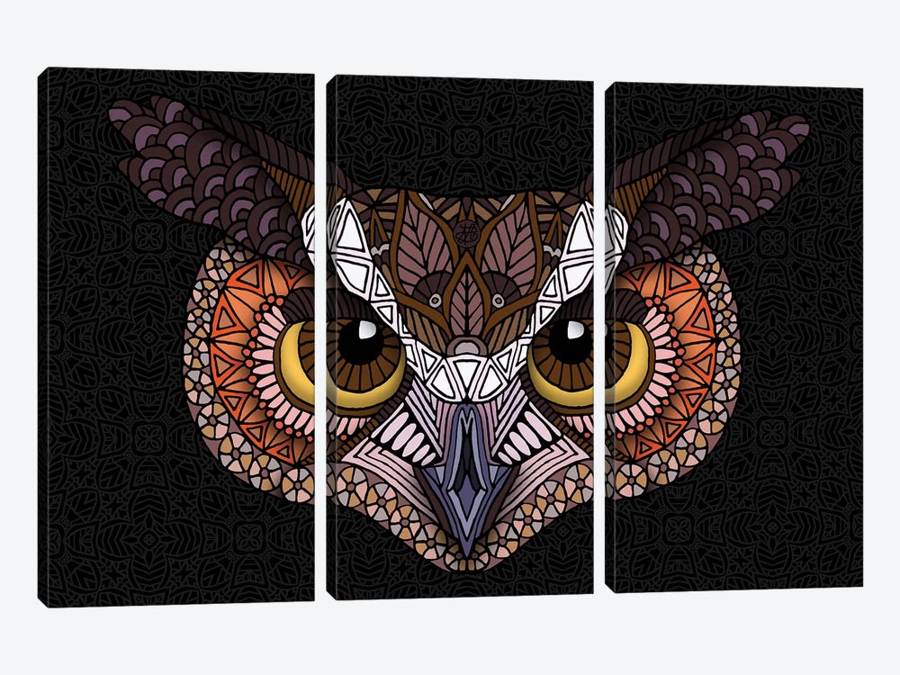 Great Horned Owl Head - Dark Horizontal 3-piece Canvas Art