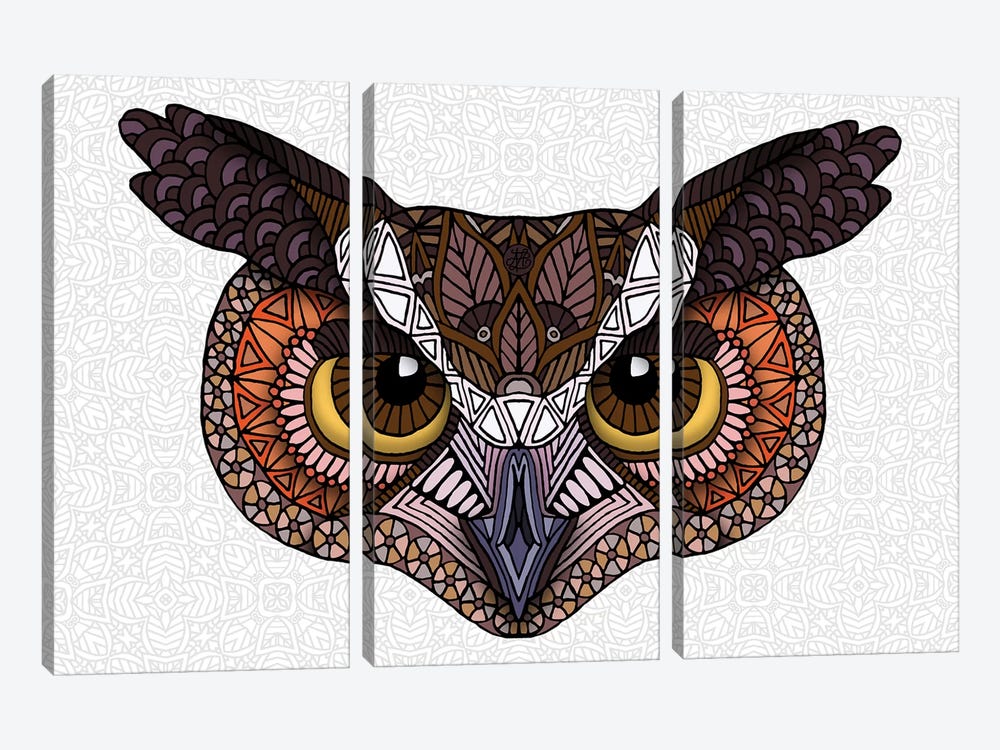 Great Horned Owl Head - Light by Angelika Parker 3-piece Canvas Art Print