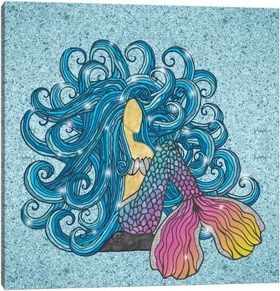 Blue Hair Rainbow Mermaid Canvas Art Print - Angelika Parker