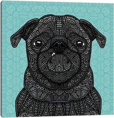 Little Black Pug (Square) Canvas Art Print - Turquoise Art